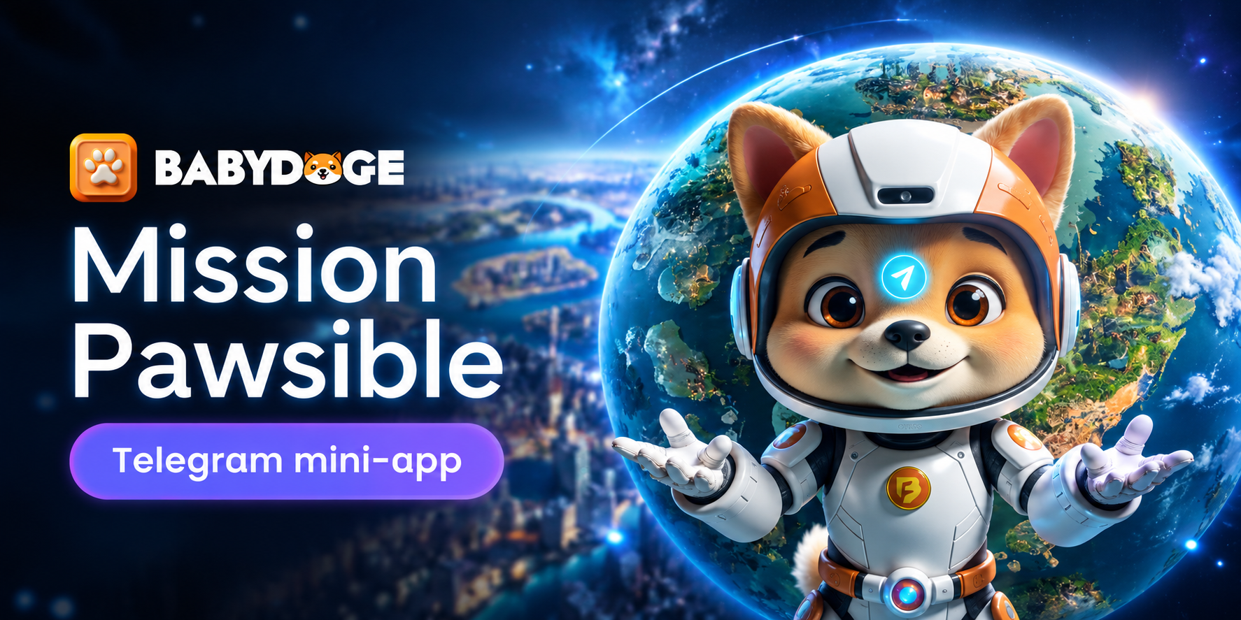 BabyDoge — Mission Pawsible, Telegram mini-app; astronaut character against a glowing planet