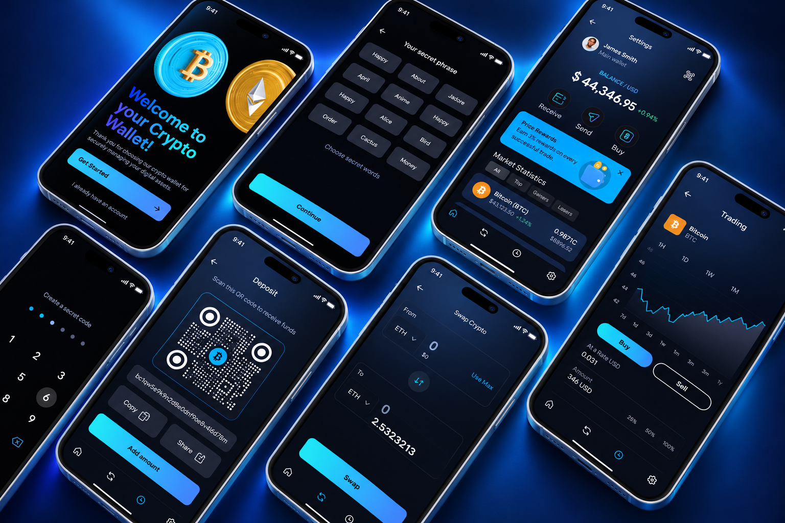 VaultX onboarding, recovery, dashboard, deposit, swap and trading screens in a diagonal composition